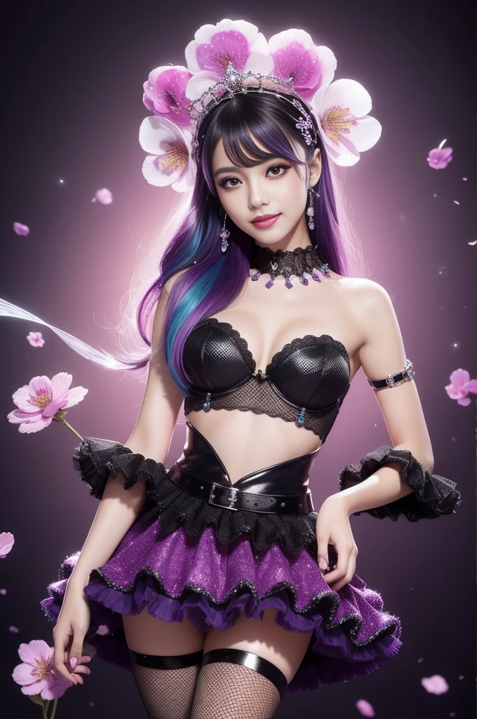 sexy Spanish model who controls poison、beautiful smile、lip-gloss、smokey eyeshadow、look at the camera、full body Esbian、、sparkling poisoned flower costume、、、、sparkling Colorful hair、secrete poison、skull hair accessories、fishnet tights、shiny sparkling flowers background
