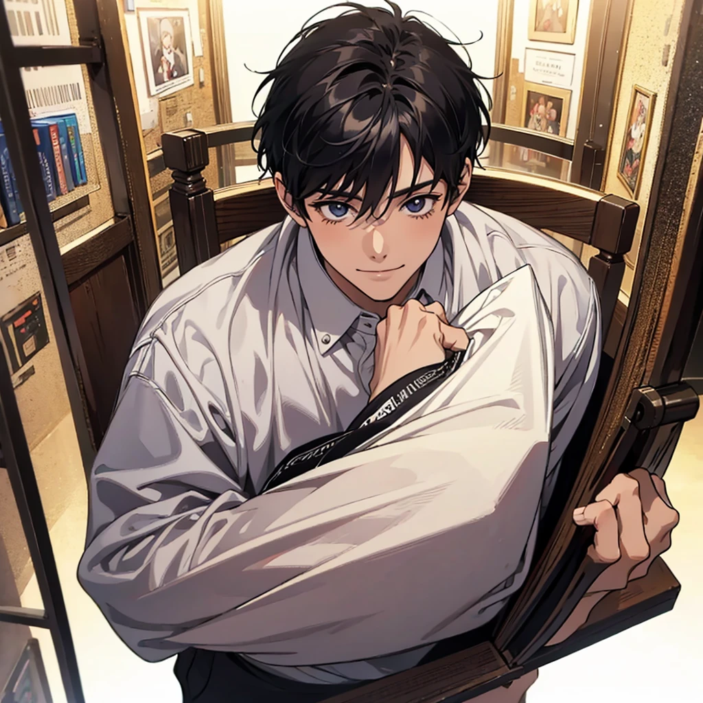 masterpiece , best quality , man , reading , chibi anime boy , smile , black hair