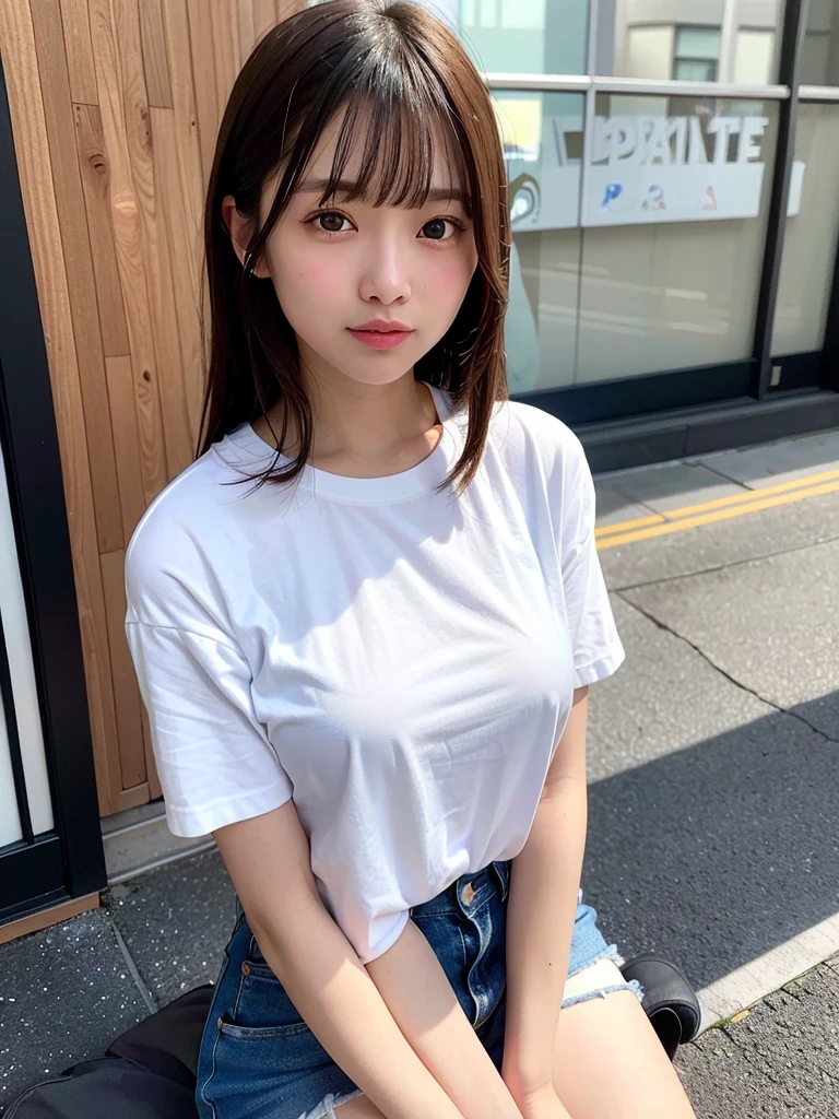 uniform. Sitting on a triangle, full body .See-through. top-quality、超A high resolution、(Photorealsitic:1.4)、8K resolution、1 girl、(Random hair:1.3)、(Realistic hair:1.2)、(japanesgirl:1)、(realisticeyes:1.2)、(Beautiful face: 1.3)、Slim body、White glowing skin、large full breasts、cleavage of the breast、(duck face:1.2)、(Middle corner:1.3)、(White T-shirt and short jeans)、(selfee:1.3)