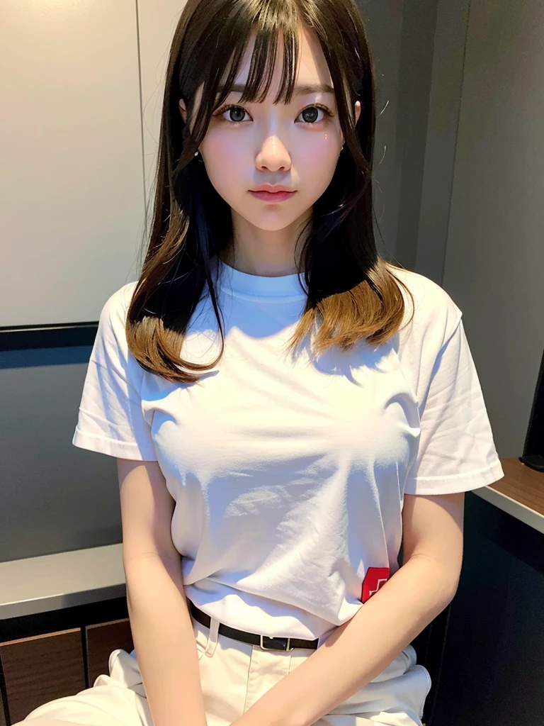 uniform. Sitting on a triangle, full body .See-through. top-quality、超A high resolution、(Photorealsitic:1.4)、8K resolution、1 girl、(Random hair:1.3)、(Realistic hair:1.2)、(japanesgirl:1)、(realisticeyes:1.2)、(Beautiful face: 1.3)、Slim body、White glowing skin、large full breasts、cleavage of the breast、(duck face:1.2)、(Middle corner:1.3)、(White T-shirt and short jeans)、(selfee:1.3)