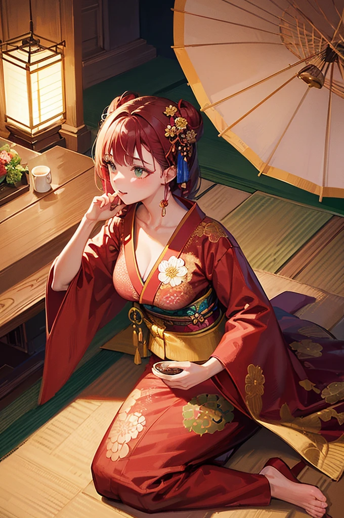 
A beautiful Japanese woman is depicted in a vertical, anime-style portrait set in a rich, vibrant background filled with traditional elements. She is dressed in an elaborate, brightly colored kimono adorned with intricate floral patterns and detailed embroidery. The kimono is primarily red with accents of gold, blue, and green, creating a striking and opulent appearance. Her hair is styled in an elaborate updo, adorned with traditional hair ornaments and flowers, enhancing her elegant and regal presence.

The background is a lush, traditional Japanese setting filled with blooming cherry blossoms and ornate decor. On one side of the scene, a large red paper umbrella with white patterns is placed, adding a classic touch to the setting. Traditional Japanese lanterns cast a warm, soft glow, illuminating the intricate details of the woman's kimono and the surrounding decor. The background features a mix of vibrant flowers in red, pink, and green, creating a rich and colorful environment that complements the woman's attire.

The floor is covered with colorful, intricately designed fabrics and traditional tatami mats, adding texture and depth to the scene. The decor elements include golden screens and lacquered furniture, further emphasizing the traditional and luxurious atmosphere. The overall setting is reminiscent of a high-class oiran or courtesan's quarters from the Edo period, adding an element of historical elegance to the scene.

The lighting in the illustration is warm and inviting, casting gentle highlights on the woman's face and the folds of her kimono. The artist employs digital painting techniques to achieve a high level of detail and vibrant colors, particularly in the floral patterns on the kimono and the intricate background elements. The use of soft gradients and subtle brushstrokes adds a sense of depth and realism to the anime-style illustration.

The woman's expression is serene and composed, with large, expressive anime-style eyes that convey a sense