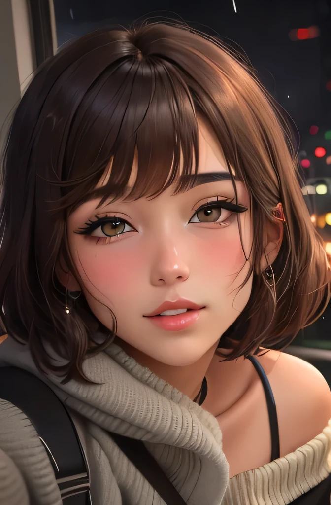 Amazing portrait of a sexy and cute woman who is your best friend's sister who is alone at her  home having a late night gaming session with her brown hair in a short bob style with soft eyes and parted lips with a deep blush wearing an off shoulder oversized grey sweater sitting on a  couch during night time and it's raining outside with warm lighting inside
