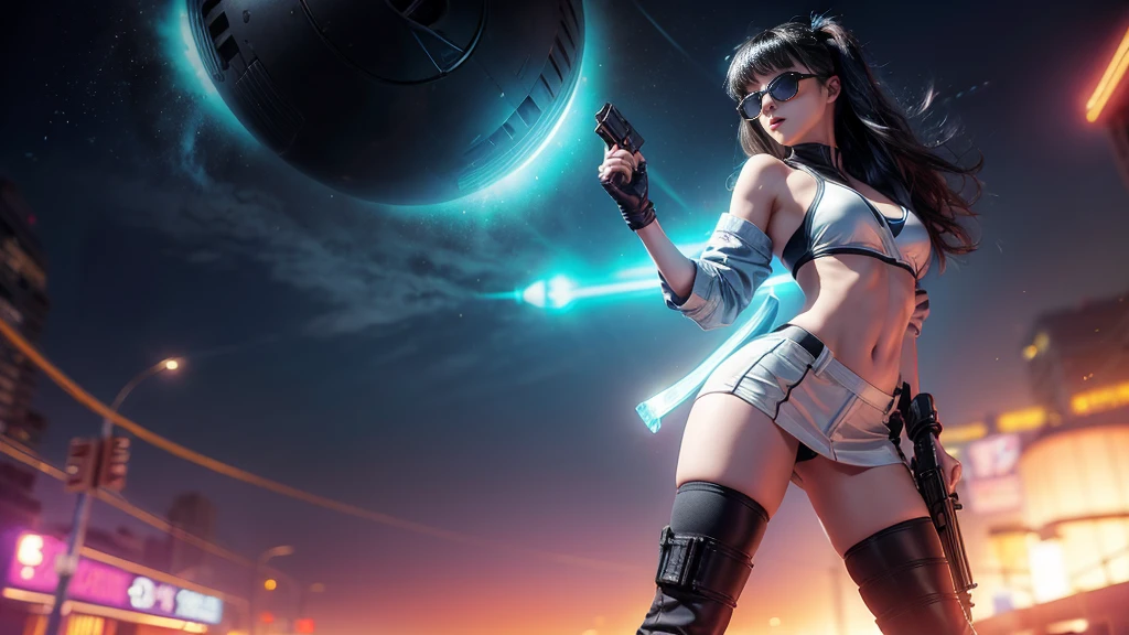 8k, Realistic Skin Texture, Realistic Photo, Neo Tokyo, slim women, large-breast:1.4 cleavage:1.3, AD2050 at night, Dirty hunting jacket, Wearing tube top, miniskirt, (((black sunglasses, automatic rifle, sneakers, cold, shooting pose, very low angle view))), Innovative composition, revenge, cyberpunk, blade runner worldview, Large neon sign, Geisha hologram sign, Strong Wakamoto Sign.