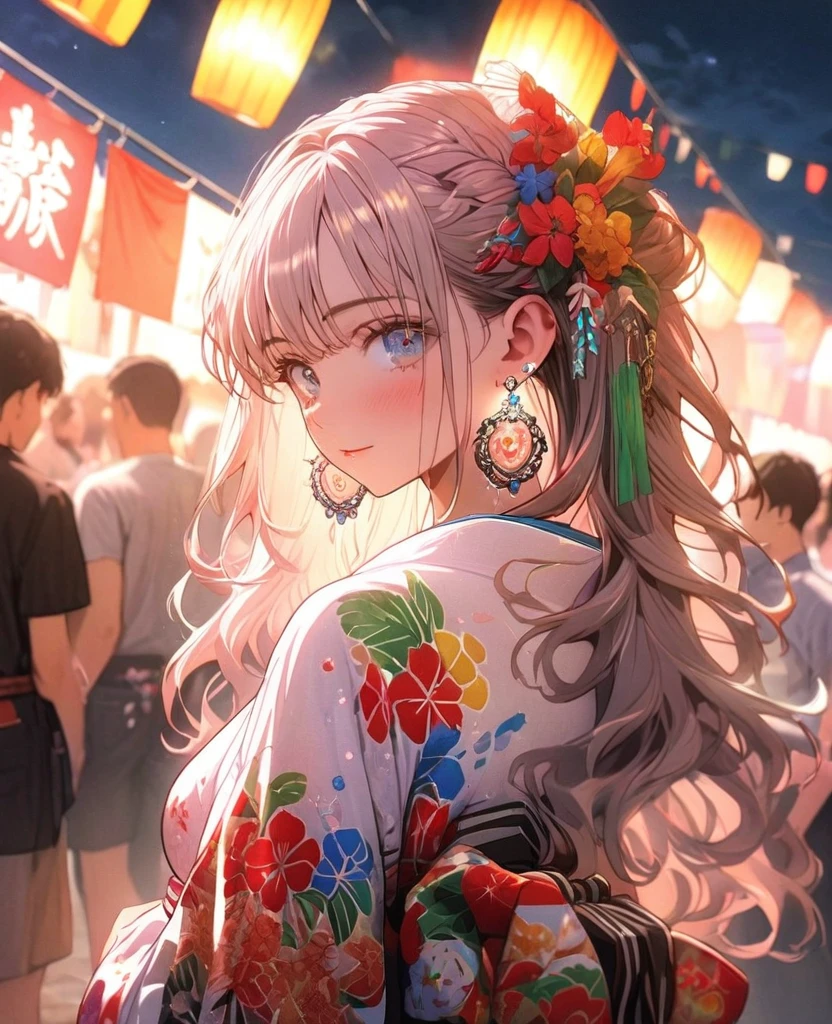 8K,gal，an extremely delicate and beautiful,Beautiful and realistic skin,Shiny jewel-like earrings,Long colorful hair,beautiful eyes,whole body,head to toe,beautiful regs,beautiful Happi,summer festival ,hachimaki