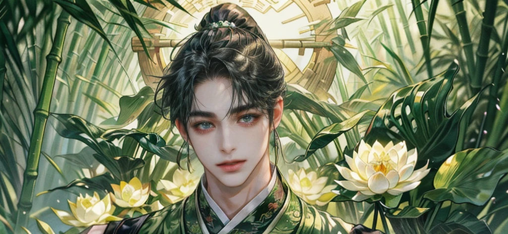 (((best quality))),masterpiece,ultra high resolution,extraordinarily beautiful youth, a bright, innocent smile,All green clothing,((boy 24 year old, green hanfu,green clothing, Chinese shirt style)) ,boy character ,((Thick black long hair)),beautiful face,detailed interior, detailed boy,((man)),(in bamboo forest), house China style, pure white lotus,beautiful and cute boy ,black eyes,((solo man)),(he has a Big eyes, charming lips, slim nose and small face),(slim figures ),ponytail and 冠, long hair, very thick hair, black hair