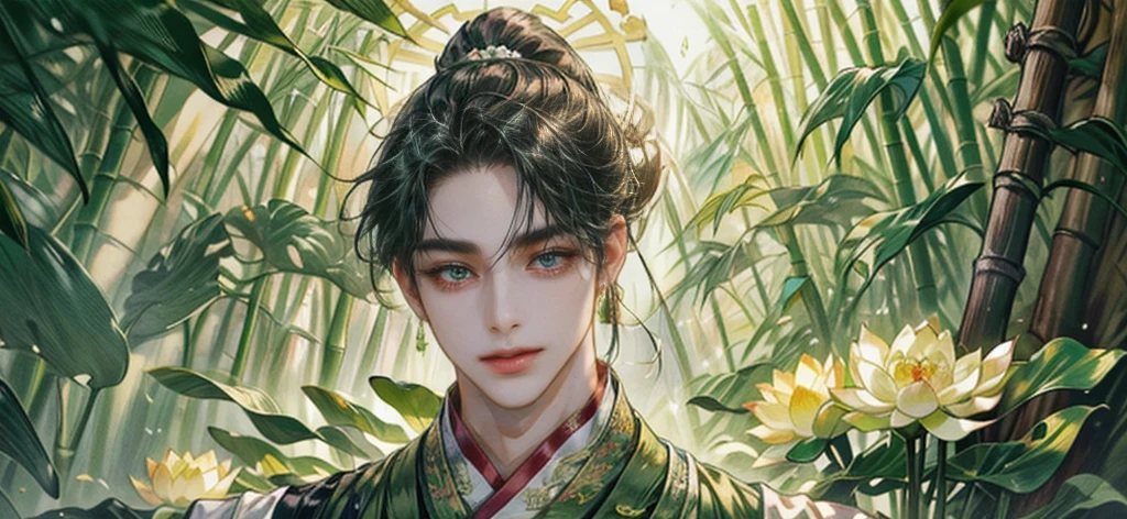 (((best quality))),masterpiece,ultra high resolution,extraordinarily beautiful youth, a bright, innocent smile,All green clothing,((boy 24 year old, green hanfu,green clothing, Chinese shirt style)) ,boy character ,((Thick black long hair)),beautiful face,detailed interior, detailed boy,((man)),(in bamboo forest), house China style, pure white lotus,beautiful and cute boy ,black eyes,((solo man)),(he has a Big eyes, charming lips, slim nose and small face),(slim figures ),ponytail and 冠, long hair, very thick hair, black hair