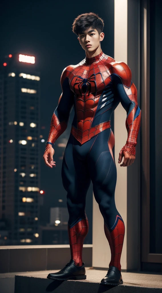 A young Korean boy in a torn Spider-Man costume. with details, Red and black color scheme :: Highly detailed, แมงมุมที่มีHighly detailed, ดวงตาที่มีHighly detailed, นิ้วที่มีHighly detailed, Take the whole body, Quiv haircut, dynamic poses, Look at the camera, Detailed parts of the face, Manly, nighttime, city scenery, city lights, Detailed city roof background, Monk sex, perfect anatomy, Symmetrical body, Asia, 19 years old, realistic, human skin, short hairstyle, handsome chad chin, handsome, sit, open legs, charming, Be a man, sexually, close your eyes, open your mouth, human skin, (Make eye contact), charming, Big hip pants, very good, depth of field, perfect composition, in the middle ,(Torn:1.5)