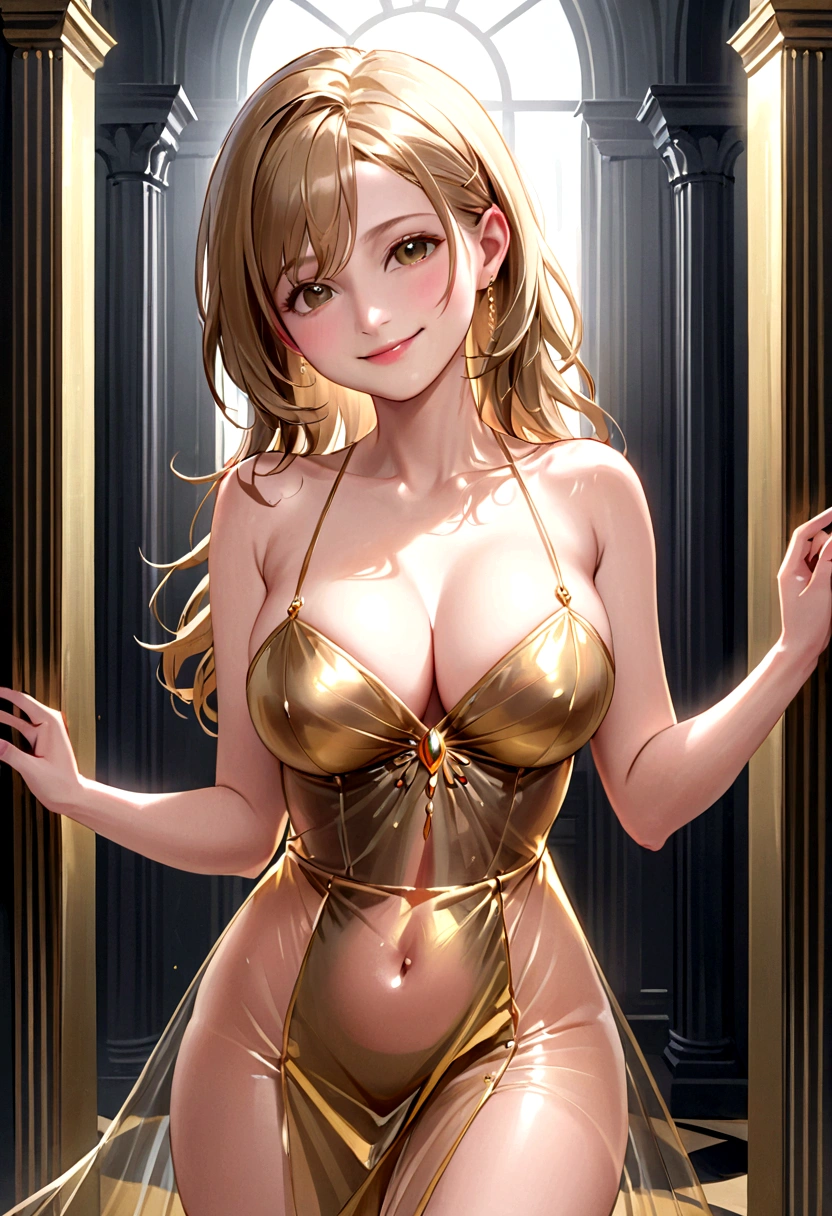 ((Masterpiece)),(((of the highest quality)),((Women, alone, wide)),innocent look, bare arms, Expose your shoulders, Golden transparent dress, smiling, big tits