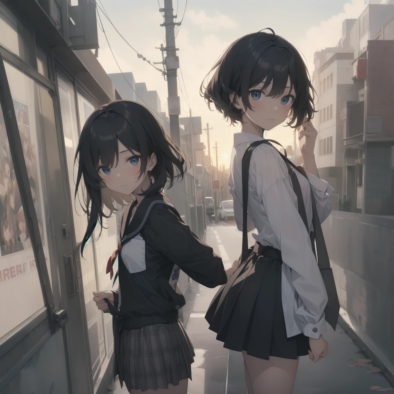 ultra-absurdres-Top quality by artist God, ultra-detailed, high resolution, anime moe artstyle, best anime 8k konachan wallpaper, pixiv contest winner, pool:2810, perfect anatomy,break, 1girl, (Please draw a girl walking sleepily to school alone. )break,(Solo,little female, 13-year-old:1.3),Full limbs, complete fingers,a junior high school student, (very short hair), short cut, flat chest, , small butt, small black eyes, beautiful detailed eyes, well-proportioned iris and pupils, expressive eyes, highres detailed hair, soft expression, salor school_uniform, sailor collar, serahuku, bow, pleated skirt,(Detailed Lighting), (Detailed background), in the School commute route. break,super detailed skin, Best cinematic lighting powered by famous artist, 8k,beauty illustration,photoshop_(medium),very aesthetic,break,((artist:enkyo_yuuichirou )), artist:clamp ,artist:carnelian ,artist:kantoku ,