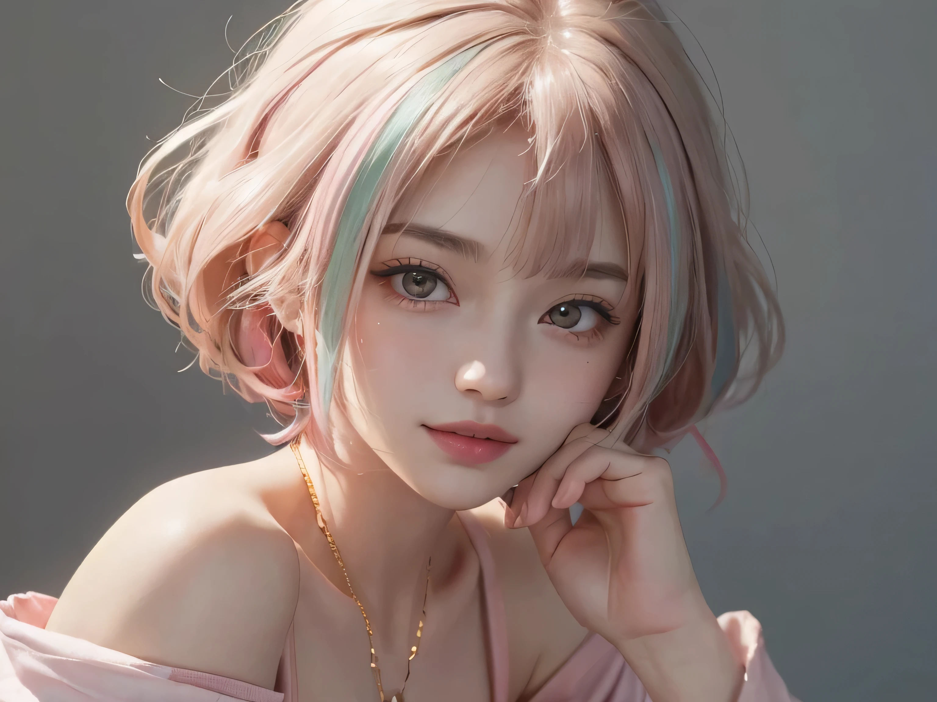 SFW:1.8、
(masterpiece、Highest quality:1.4)、
(8K resolution、Ultra-high resolution:1.2)、
Realistic,
Detailed depiction face、Eye for detailed depiction、Detailed skin、Detailed Hair、Glowing Skin、
Japanese Idols、Very beautiful woman、Detail and beauty that cannot be captured in reality:1.3、
Elegant and perfect figure、Perfect Anatomy、
1 Girl、17 years old、
Lip gloss、Add highlights to the eyes:1.5、
Dynamic Angle、(Beautiful Bangs、Highly Detailed Hair:1.5)、Glowing Skin:1.4、
Look closely at the camera、Natural and comfortable lighting、Highlights below、
Very cute smile、Very happy smile、
(Portraiture、White Background、Face close-up:2）、
Upper Body、
(Fluffy short bob hair、Pastel pink hair:1.5)、
eyelash、
Pale red eyes、
See-through costume、Brightly colored off-the-shoulder dress、