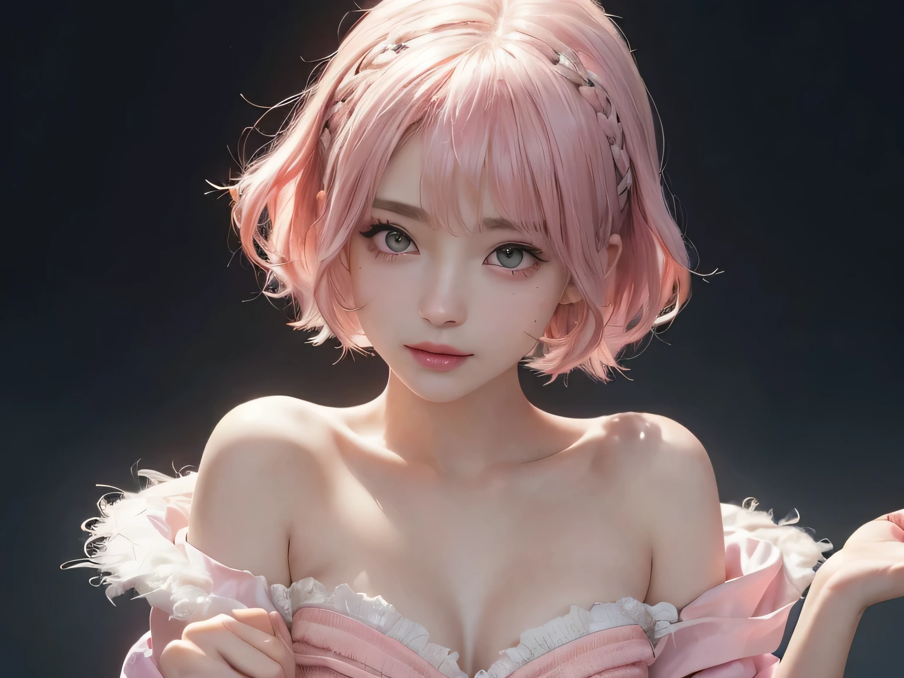 SFW:1.8、
(masterpiece、Highest quality:1.4)、
(8K resolution、Ultra-high resolution:1.2)、
Realistic,
Detailed depiction face、Eye for detailed depiction、Detailed skin、Detailed Hair、Glowing Skin、
Japanese Idols、Very beautiful woman、Detail and beauty that cannot be captured in reality:1.3、
Elegant and perfect figure、Perfect Anatomy、
1 Girl、、
Lip gloss、Add highlights to the eyes:1.5、
Dynamic Angle、(Beautiful Bangs、Highly Detailed Hair:1.5)、Glowing Skin:1.4、
Look closely at the camera、Natural and comfortable lighting、Highlights below、
Very cute smile、Very happy smile、
(Portraiture、White Background、Face close-up:2)、
Upper Body、
(Fluffy short bob hair、Pastel pink hair:1.5)、
eyelash、
Pale red eyes、
See-through costume、Brightly colored off-the-shoulder dress、