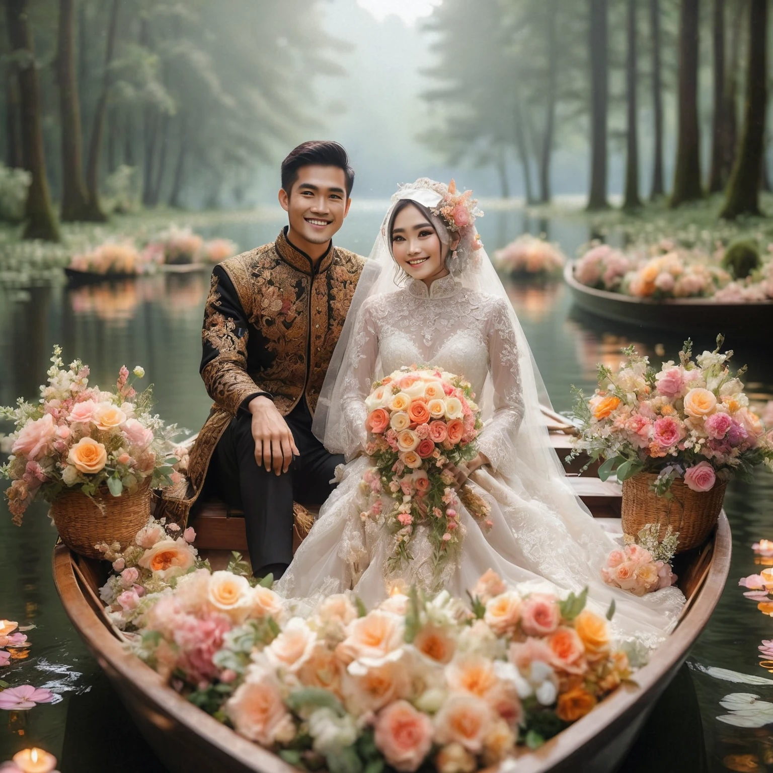 Indonesian bride and groom on a row boat with flowers in front, floating flower bouquet, on a boat on the lake, romantic pose, happy and smiling, very magical, covered with flowers, rowing boat, beautiful couple, delicate theme, romantic couple, in a fairytale forest unique, romantic themed, romantic greenery, in a romantic style, on the lake, beautiful atmosphere, ultra high definition