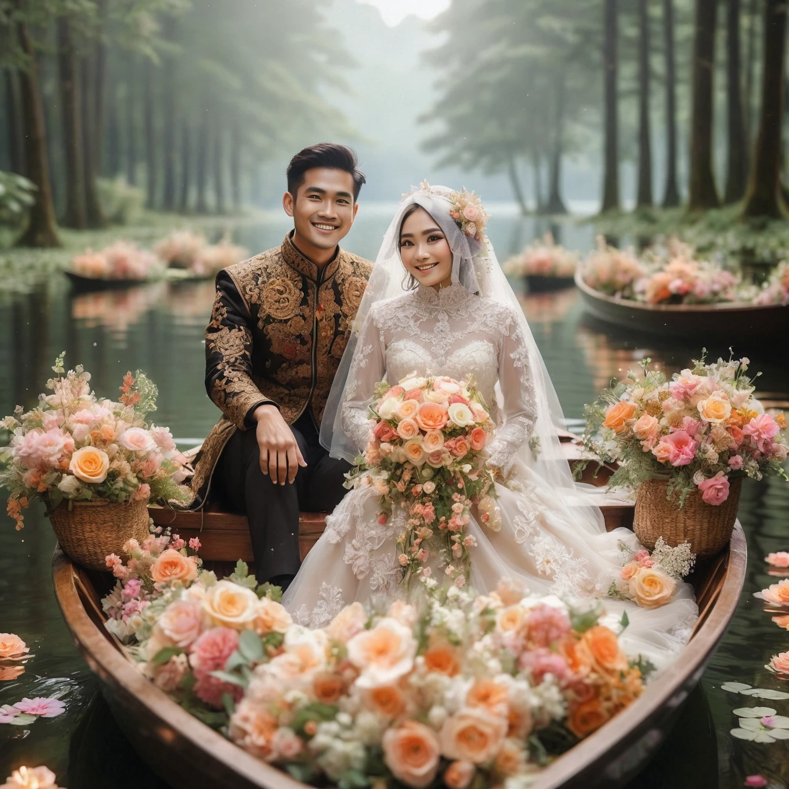 Indonesian bride and groom on a row boat with flowers in front, floating flower bouquet, on a boat on the lake, romantic pose, happy and smiling, very magical, covered with flowers, rowing boat, beautiful couple, delicate theme, romantic couple, in a fairytale forest unique, romantic themed, romantic greenery, in a romantic style, on the lake, beautiful atmosphere, ultra high definition