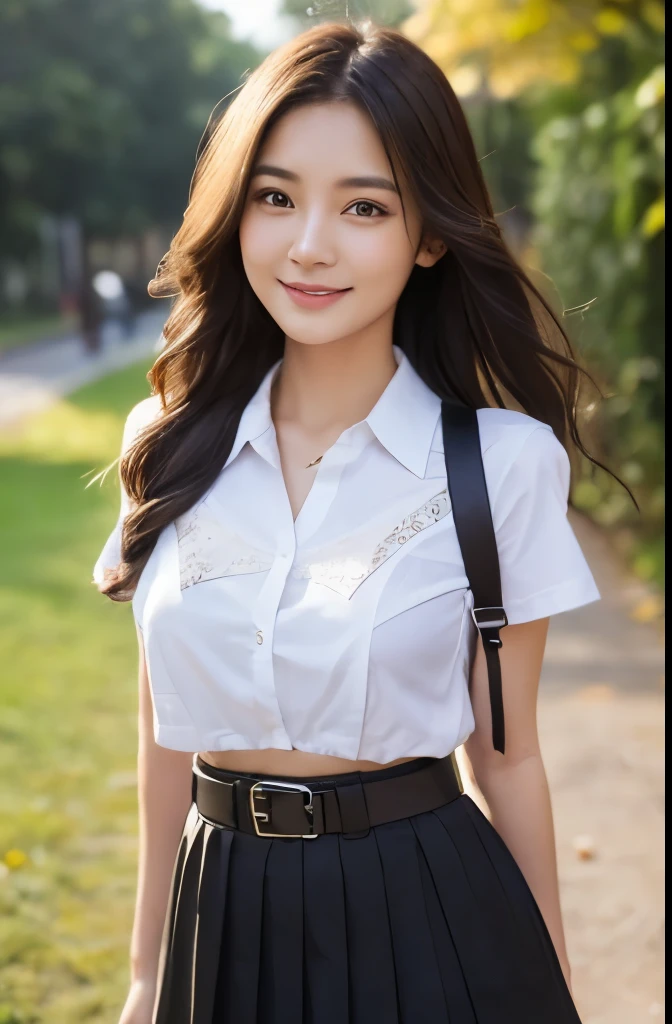 ((masterpiece)),(detailed),(perfect face),(thin),((sexy long legs)),((beautiful legs)),(slim),((boob flash)),((tits slip)),(horny smile),((very sexy emotional face)),((very long hair)),(looking at viewer),(random hairstyles),(blonde hair),((trained body)),((she has autumn drama makeup)),((seductive smiling)),(top-quality),(Photo realsitic:1.4),Raw photo,((1 girl)),(((Random hair)),(((Take different poses))),glowy skin,(Happiness:1.2),(she wearing Thai university uniform),((portrait)),(close up shot), ((school uniform black long skirt:1.2)), ((she wear white small-triangle bra and black pleated long skirt)),(brown belt)