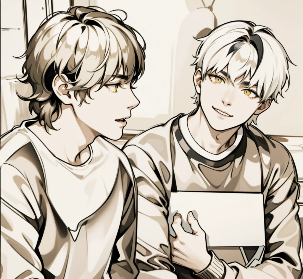There are two young men, , yellow eyes, black hair, they look at each other's faces with a smile, they walk through the streets of a town, in the background you can see houses.