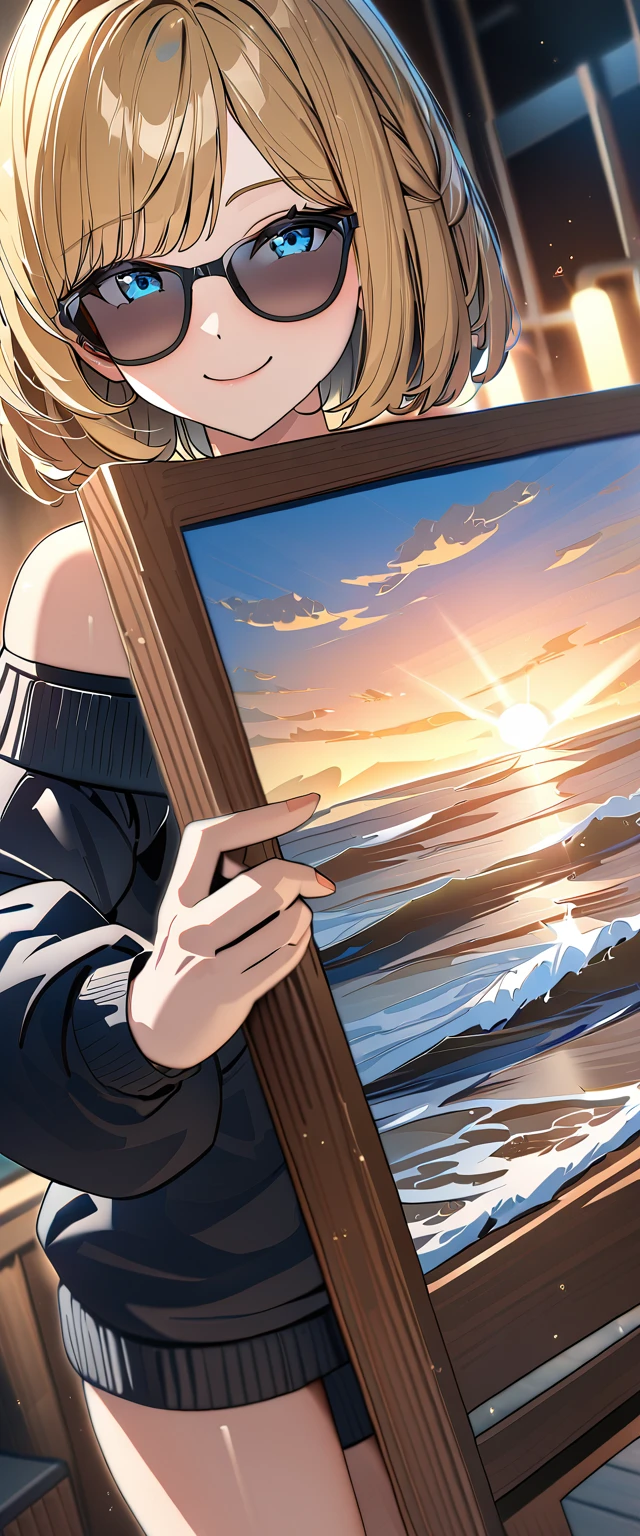 ((sea, beach)), ((from above)), (((sunglasses, hand to sunglasses))), (((cowboy shot))), ((wavy hair, inward curled hair)), evening, ((Sunset)), ((blond hair, bob cut:1.3)), breasts, teenager, (looking at viewer), oversized clothes, puffy long sleeves, ((off-shoulder sweater:1.3, Quite thick shoulder straps)), ((black sweater)), collarbone, head tilt:1.3, (((blue eyes))), ((happy smile)), (((anime style))), (best quality, 4K, 8K, highres, masterpiece:1.2, ultra-detailed, ultra-detailed eyes, HDR, uhd, studio lighting, ultra-fine painting, sharp focus, physically-based rendering, extreme detail description, professional, vivid colors, bokeh)