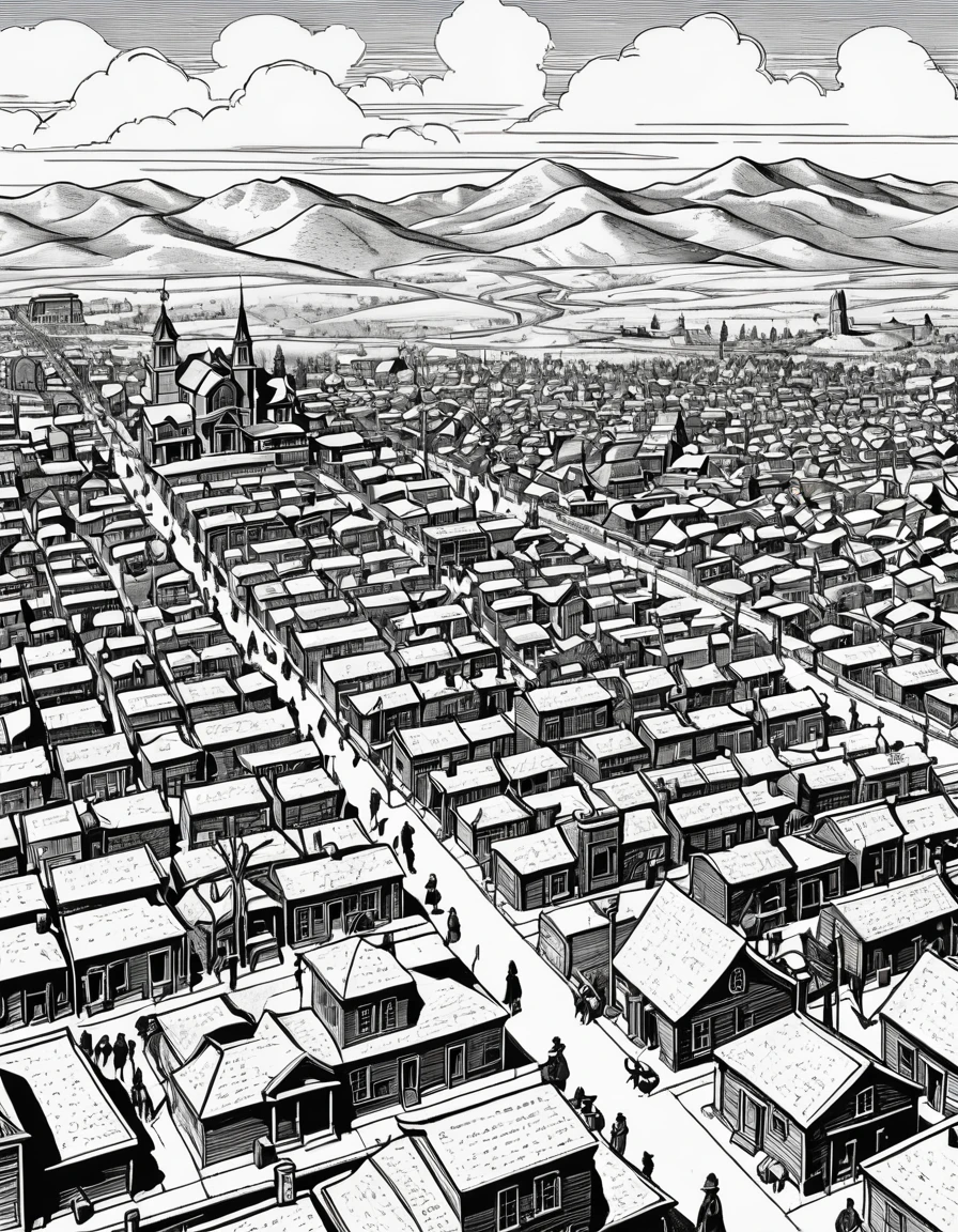 Imagine le plan dessiné des années 1900 vue du dessus d'une toute ville américaine du Colorado nommé Tombstone