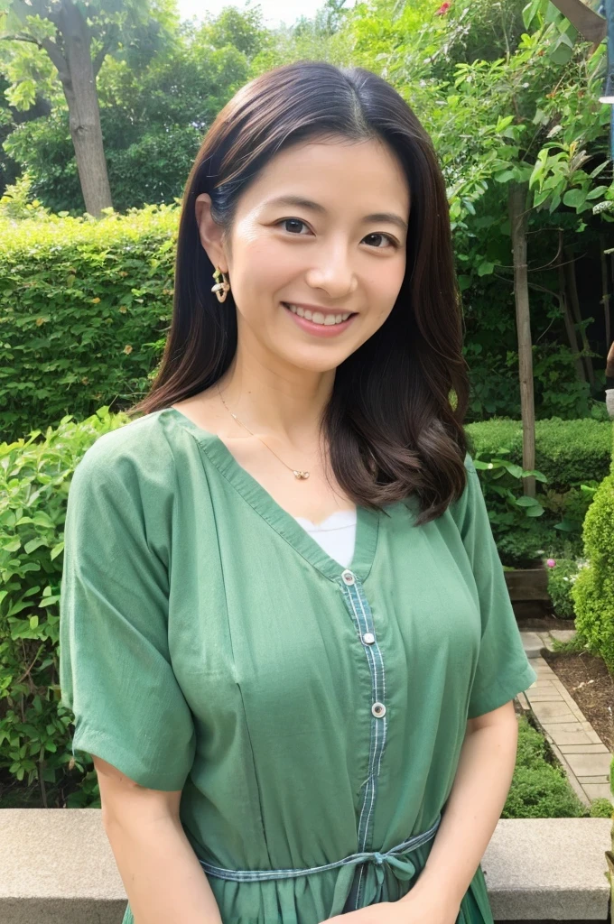((Highest quality)), ((masterpiece)), (detailed), Japanese, 40 years old, Beauty, front,Diagonal orientation、smile, Nagoya, Single Mother,Natural Photography,garden、White clothes