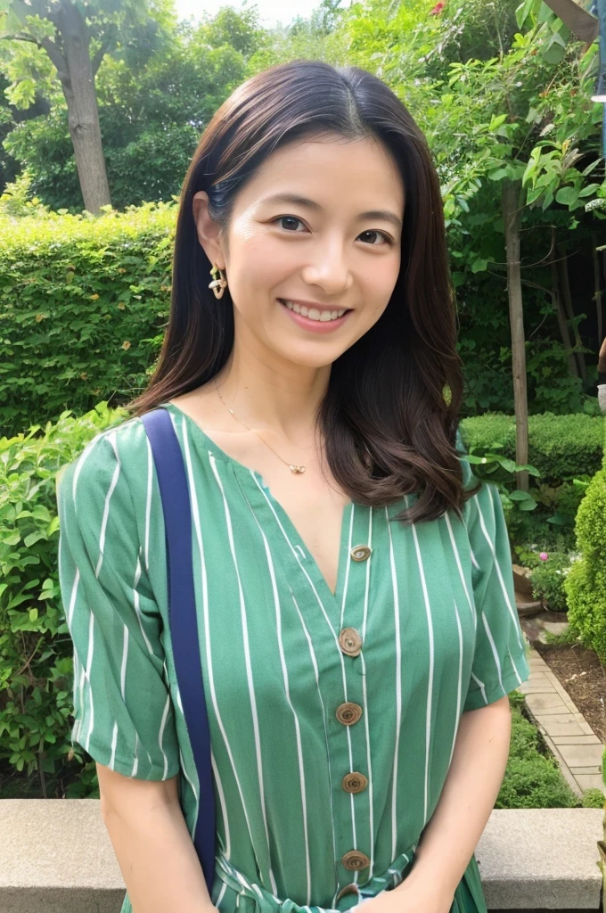 ((Highest quality)), ((masterpiece)), (detailed), Japanese, 40 years old, Beauty, front,Diagonal orientation、smile, Nagoya, Single Mother,Natural Photography,garden、White clothes