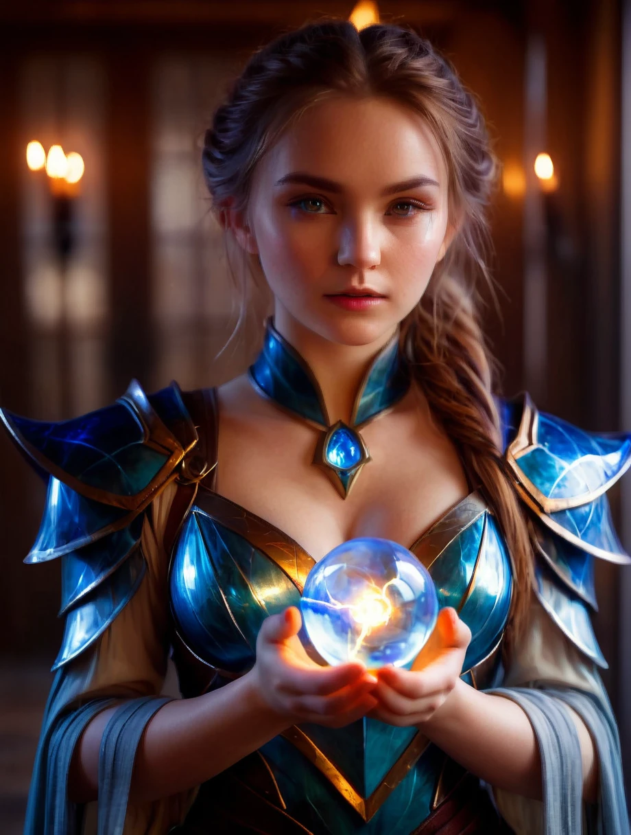 cinematic film still, a mage woman, 20 years old, holding a magic lightning glass orb, glass mage armor,, (Highest Quality, 4k, masterpiece, Amazing Details:1.1), film grain, Fujifilm XT3, photography,