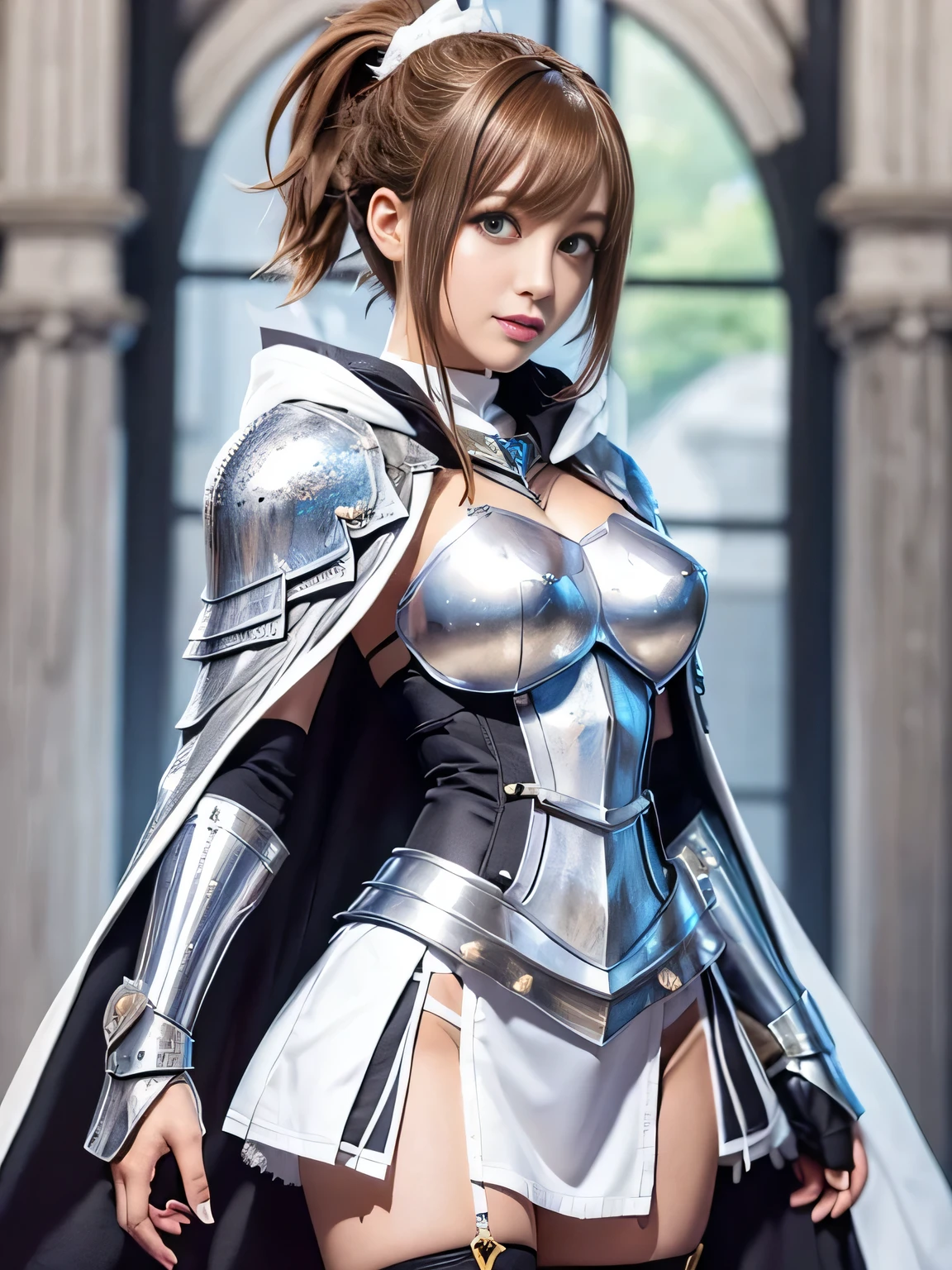 Asuna, Asuna_(star), (1 girl,One) ,Fantasy, a high resolution, 19 I, original, (Worn in cases at the waist:1.3), smile, (White Knight Wizard Long Cloak:1.5), short hair, medium breasts, Looking at the viewer, Bang ,detailed hazel eyes, beautiful background, ((morning sun,A private western-style room)), hands on breast,(Brown hair,short tail:1.5), (Platinum Knight Wizard Full Armor:1.55),short hair, standing,Right on, Abe,(whole body:1.1), white knee socks,(Abe:1.4),