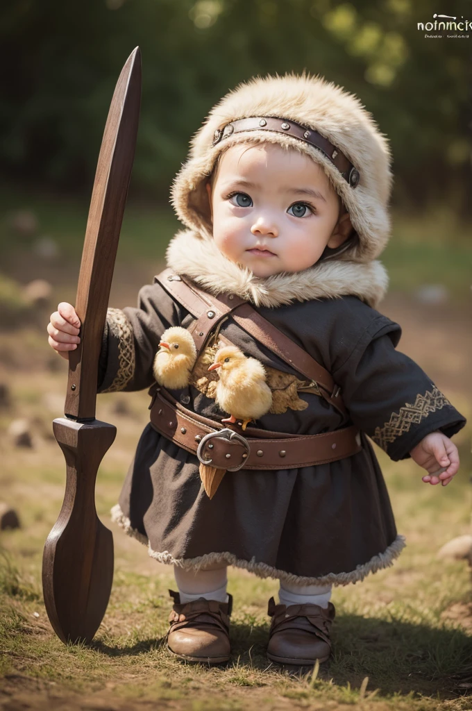 Drawing of a chick, baby chicken dressed in viking clothes and wielding the mjonir 