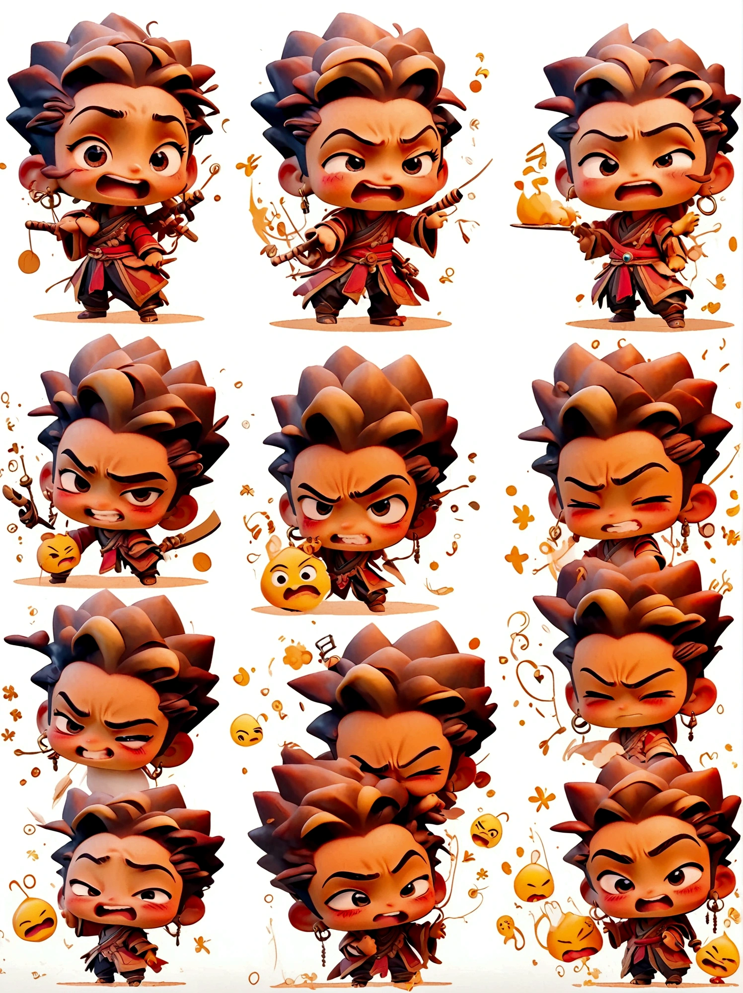 chibi, (1girl:1.5), (9 emojis, emoji sheet, Align arrangement)，(9 poses and expressions), (((angry, drooling, eating, embarassed, laughing, panicking, pout, shaded face, smug, shocked, empty eyes, sleeping, surprised sparkle, thinking))), Emoticon Art Design，(Delicate brushstrokes:1.5)，(Complete character illustrations)，(Detailed avatar table, Front diagram:1.5), (White background:1.5), Emoticon packages, (arranged neatly:1.2, spaced separately:1.2, not overlapping:1.2)，Well-defined shadows，Ultra-saturated colors，Motion capture, ((Nine Palace Grid Layout)), Ultra HD，8K，chibi emote