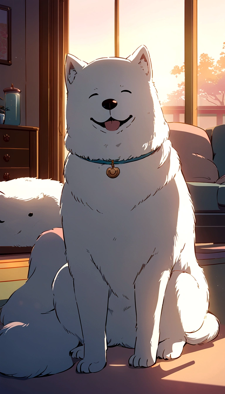 One dog,morning,Soft Light,Smiling Samoyed dog,Sitting,Refreshing color tones,living room,Japanese animation style,Warm lighting,Soft colors