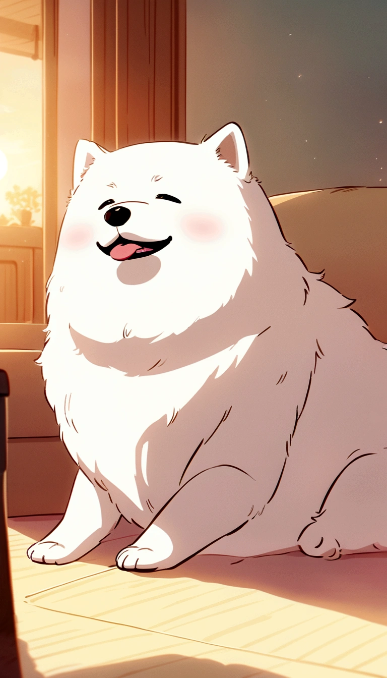 One dog,morning,Soft Light,Smiling Samoyed dog,Sitting,Refreshing color tones,living room,Japanese animation style,Warm lighting,Soft colors