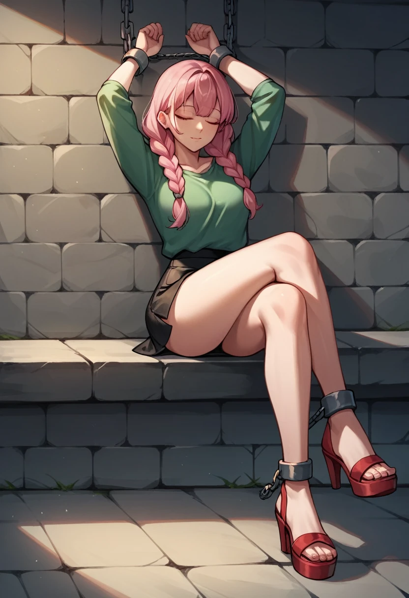 score_9, score_8_up, score_7_up, score_6_up, score_5_up, score_4_up, source_anime, 1 woman, sit, sleep, pink hair, braids, close eyes, w-w-chain, shackles, spread arms,crossed legs, long hair,jacket, green shirt,leather skirt,red high heels, sandals ,hot evening, dungeon, best quality, best res, 4K UHD,
 