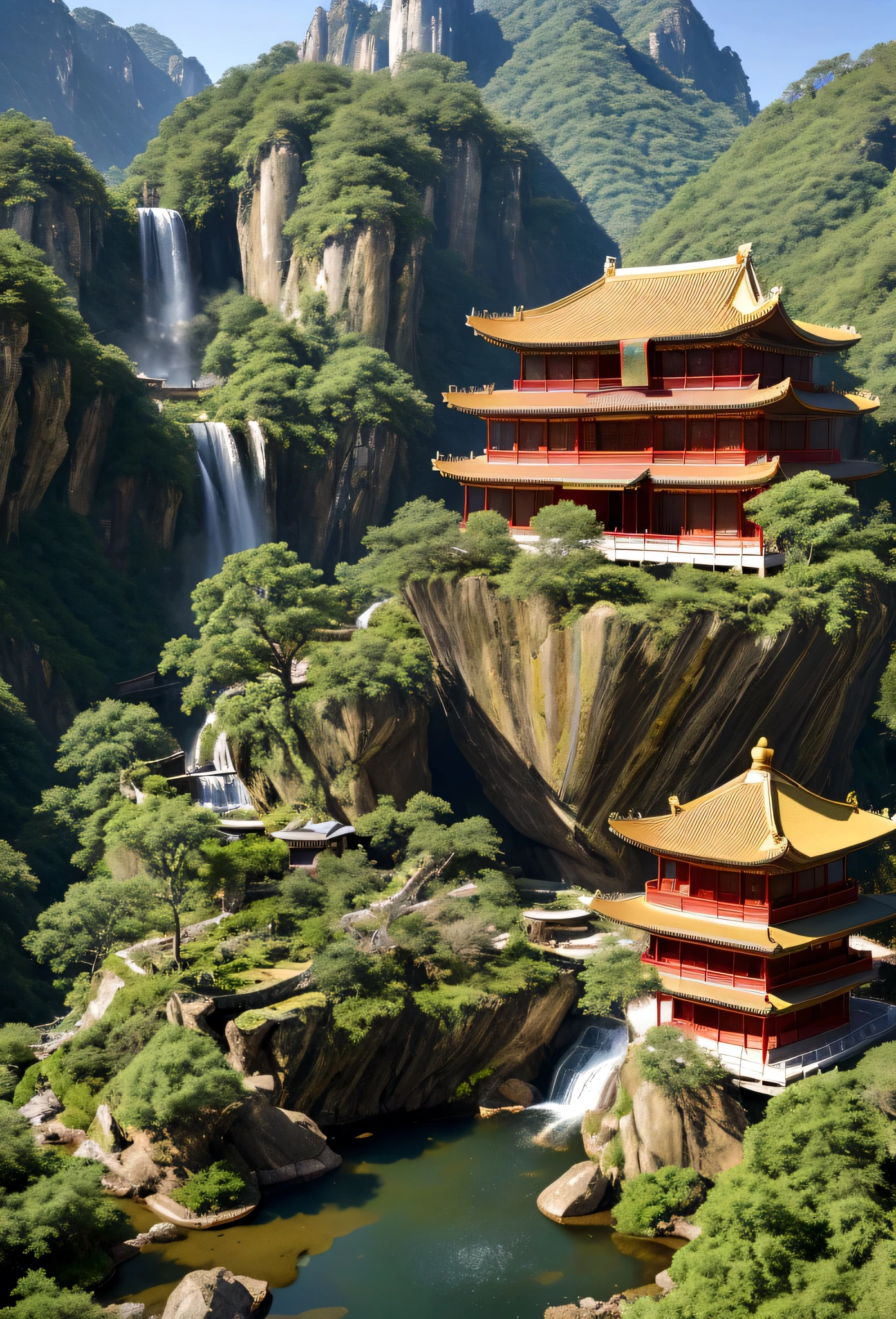 a landscape high rocks and a waterfall in the centre, at the bottom is a traditional Chinese house and its ornaments. clear sky. high quality, very detailed. 8K ultra hd