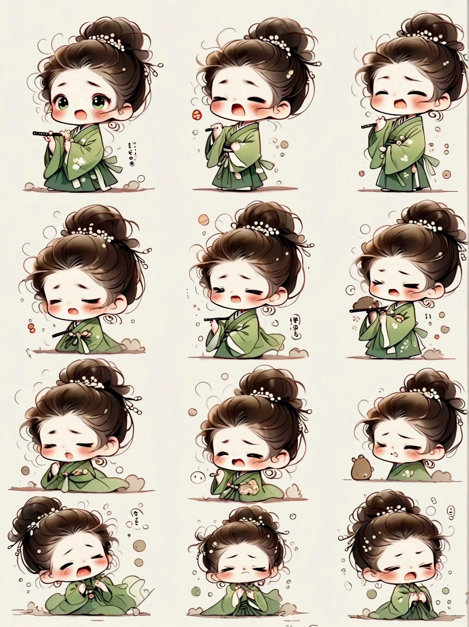 Little girl, green hanbok, classical and delicate, bust, chibi, 9 poses and expressions, emoticons [dizzyhappy, angry, crying, sad, cute, expectant, laughing, disappointed and shy, sleepy, eating, dizzyexpressing love, etc,1, line art, stick-er art, white background