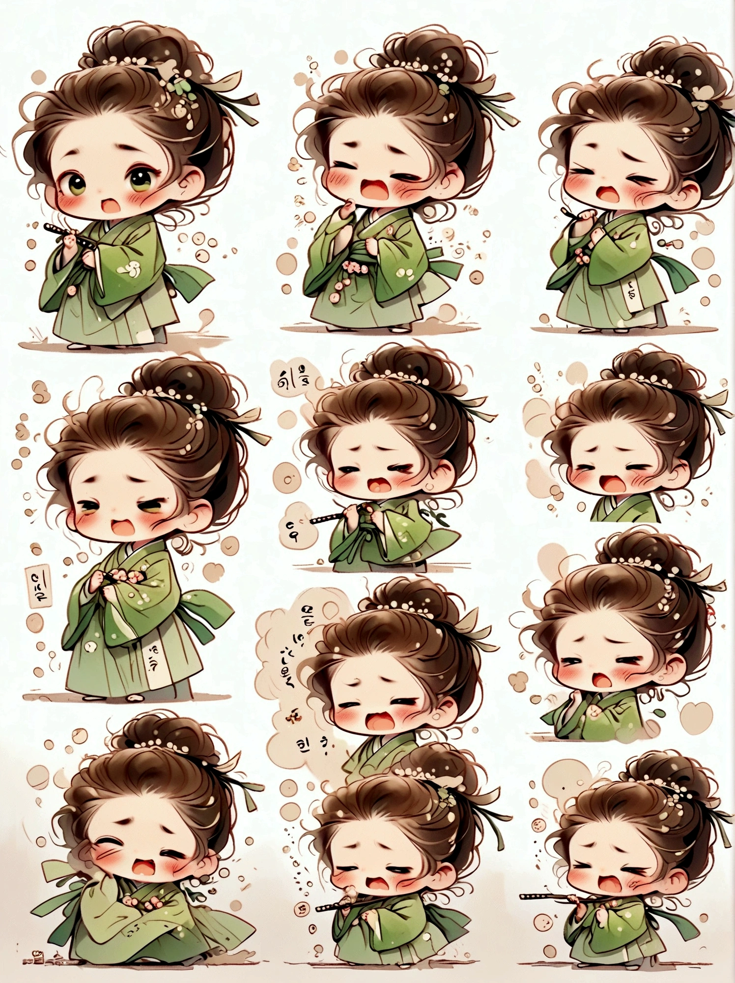 Little girl, green hanbok, classical and delicate, bust, chibi, 9 poses and expressions, emoticons [dizzyhappy, angry, crying, sad, cute, expectant, laughing, disappointed and shy, sleepy, eating, dizzyexpressing love, etc,1, line art, stick-er art, white background