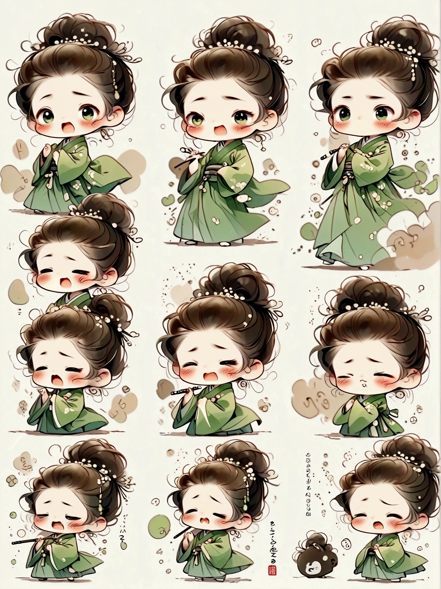 ***********, green hanbok, classical and delicate, bust, chibi, 9 poses and expressions, emoticons [dizzyhappy, angry, crying, sad, cute, expectant, laughing, disappointed and shy, sleepy, eating, dizzyexpressing love, etc,1, line art, stick-er art, white background