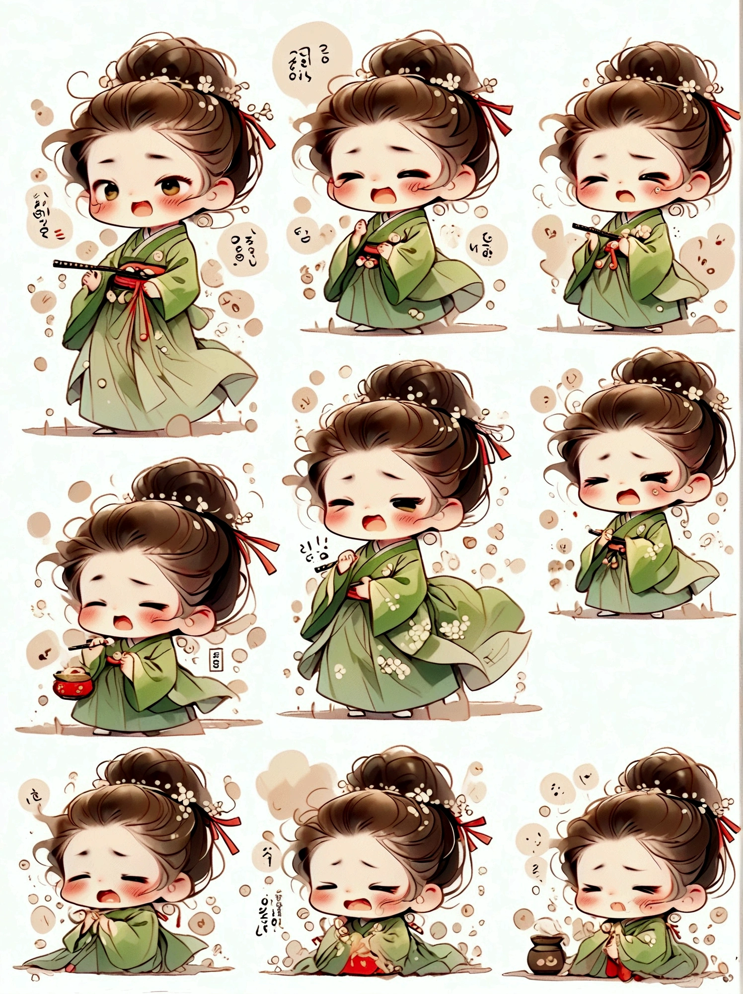 ***********, green hanbok, classical and delicate, bust, chibi, 9 poses and expressions, emoticons [dizzyhappy, angry, crying, sad, cute, expectant, laughing, disappointed and shy, sleepy, eating, dizzyexpressing love, etc,1, line art, stick-er art, white background