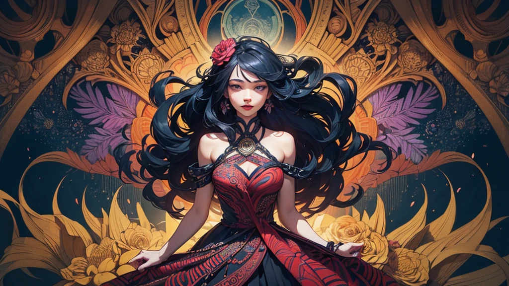 Official Art, Unity 32K Wallpapers, Super detailed, beautifully、aesthetic, alone, 1 Girl, masterpiece, Highest quality, (zenTangle, Mandala, Tangle, enTangle), (Flower Ecstasy:1.2), Dynamic Angle, Cowboy Shot, The most beautiful form of chaos, elegant, Brutalist design, Vibrant colors, Romanticism, Atmospheric