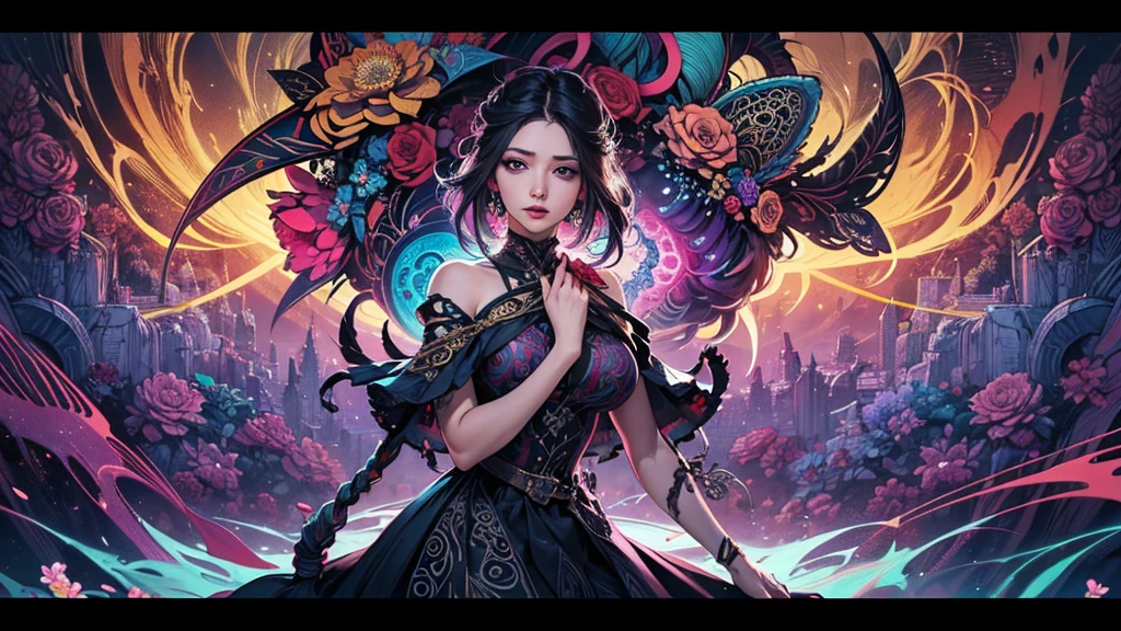 Official Art, Unity 32K Wallpapers, Super detailed, beautifully、aesthetic, alone, 1 Girl, masterpiece, Highest quality, (zenTangle, Mandala, Tangle, enTangle), (Flower Ecstasy:1.2), Dynamic Angle, Cowboy Shot, The most beautiful form of chaos, elegant, Brutalist design, Vibrant colors, Romanticism, Atmospheric