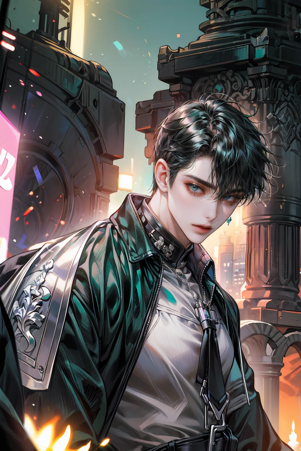 (absurdres, highres, ultra detailed, original character), 1 russian boy, solo, adult, handsome, ((tall muscular guy, broad shoulders)), finely detailed eyes, (black hair), hair between eyes, turquoise eyes, holographic, futuristic, casual outfit, black coat, gun holster, tight white shirt, big pecs, ((wearing a black earring)), cowboy shot, dutch angle, face focused, tower walled city scenery, dystopian hong kong city, skyscrapers, Cyan, Magenta, long face, closed mouth, looking at viewer, depth of field, bokeh, fulk body, model