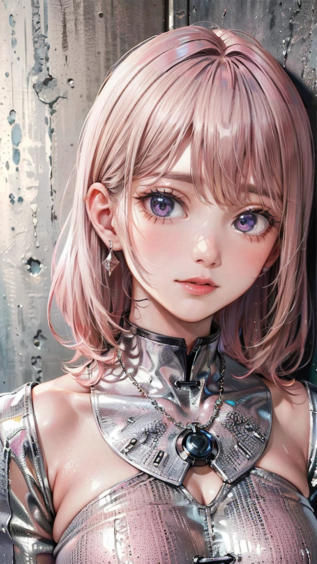 (Masterpiece, BestQuality:1.3), (ultra detailed:1.2), (hyperrealistic:1.3), (RAW photo:1.2), High detail RAW color photo, professional photograph, (Photorealistic:1.4), (realistic:1.4), professional lighting, perfect anatomy, (Big Breasts:1.2), (blush, detailed face), (cheerful Smile:1.5), (Pink Hair:1.5), Trending Hair&Trending Hairカラーをランダムに, earrings, necklace, bracelet, sexly, erotic sexly, Random sexy gravure poses, (A stunning beauty in a silver metallic mini dress。The background is a futuristic suite room。Look at the camera with a provocative smile。Wearing silver ear cuffs、Pose leaning against wall。: 1.3)