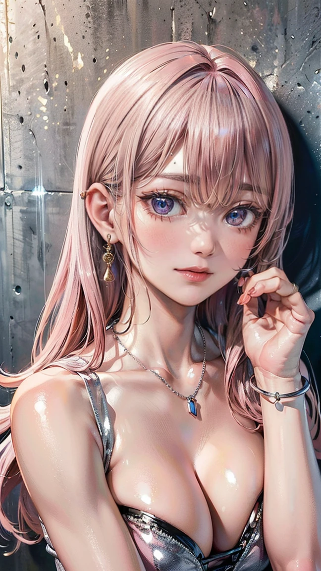(Masterpiece, BestQuality:1.3), (ultra detailed:1.2), (hyperrealistic:1.3), (RAW photo:1.2), High detail RAW color photo, professional photograph, (Photorealistic:1.4), (realistic:1.4), professional lighting, perfect anatomy, (Big Breasts:1.2), (blush, detailed face), (cheerful Smile:1.5), (Pink Hair:1.5), Trending Hair&Trending Hairカラーをランダムに, earrings, necklace, bracelet, sexly, erotic sexly, Random sexy gravure poses, (A stunning beauty in a silver metallic mini dress。The background is a futuristic suite room。Look at the camera with a provocative smile。Wearing silver ear cuffs、Pose leaning against wall。: 1.3)