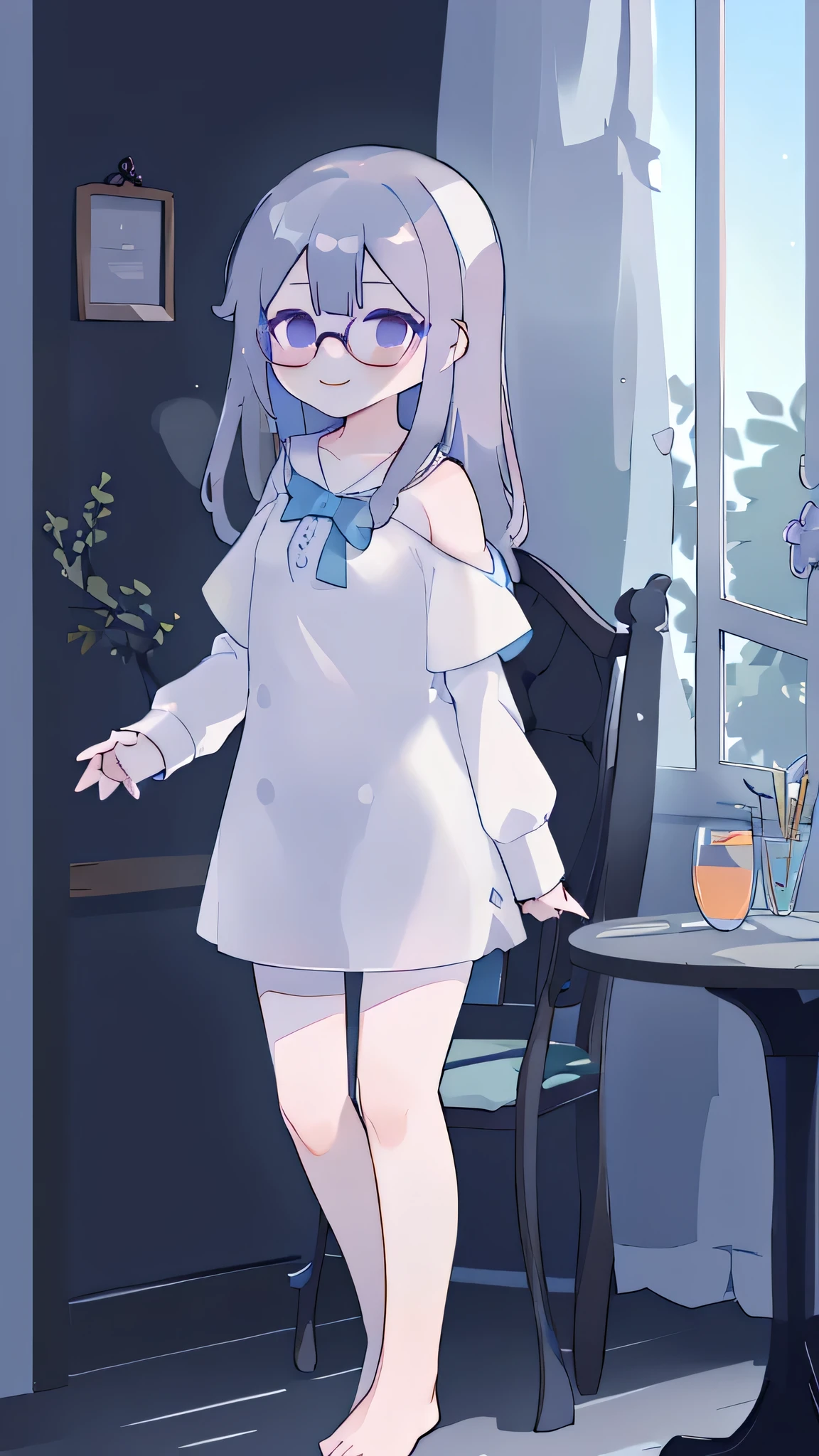 (flat:1.5),(cafe, window, sunlight, table, chair, sedentary:1.5) (BIG ASS, thick thighs:0.7), (warm light source:1.2), intricate details, volumetric lighting, Realism BREAK(masterpiece:1.2), (top quality), 4K, ultra detail, (Dynamic configuration:1.4), Very detailed and colorful details,(rainbow colors:1.2), (shining lights, atmospheric lighting), dreamy, magical, (alone:1.2), intricate details, cheeky expression, (big bust:1.5), (Black eyes with a slight purple tint:1.5), (a devastated expression, dead eyes, dark atmosphere:1.5), (Very white and long hair with a bluish tint, weak perm:1.5), (oversized white shirt:1.5), (bare foot, round-rimmed glasses:1.5), (chubby:1.1), (smiling faintly:1.5),(human ear,thin legs:1.5),(chair에 sedentary, diagonal shot:1.5)