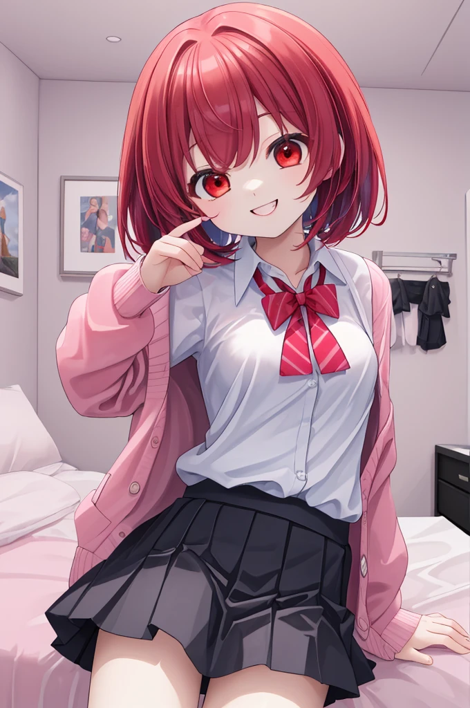 (The ultimate masterpiece), (Ultra HD), (Ultra-fine), High resolution, Ultimate beauty, High chroma, vivid,Girl,(pretty girl), Thighs, (cardigan), (skirt), Super Smile, Red hair,ショートBob,(Bob),Red Eyes ,Small breasts, Cute room,put one's hand between one's thighs