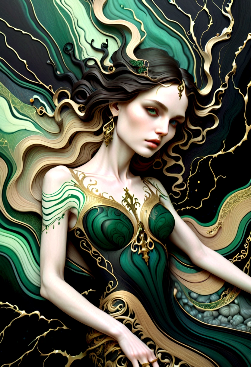 a beautiful illustration of a woman in an abstract marble texture, with colors of obsidian black, shiny gold, and emeral green, highly detailed, intricate design, BY Anne Bachelier,