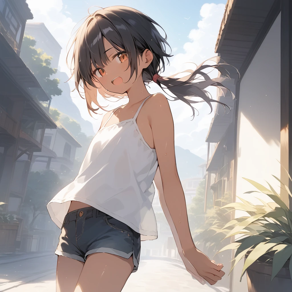 score_9, score_8_up, score_7_up, source_anime, best quality, masterpiece, official art, absurdres, highres, ultra-detailed,waifu2x,Collection: Slice of Life,break,1girl, tomboy, dark-skinned female, short hair, low ponytail, flat chest, beautiful detailed eyes, short shorts, sweat, open mouth, (yawn:0.3), sleepily, outdoors, wind, break,dewy skin, perspiration on the skin,skin texture, fine lines, pores, natural imperfections,light reflections, glossy skin, shiny skin,break,(clear line illustration:1.2),very high resolution, very aesthetic, Best sexual lighting powered by famous artist, 8k,cute picture,beauty illustration,photoshop_(medium),,(Detailed Lighting),best anime 8k konachan wallpaper, pixiv contest winner,
