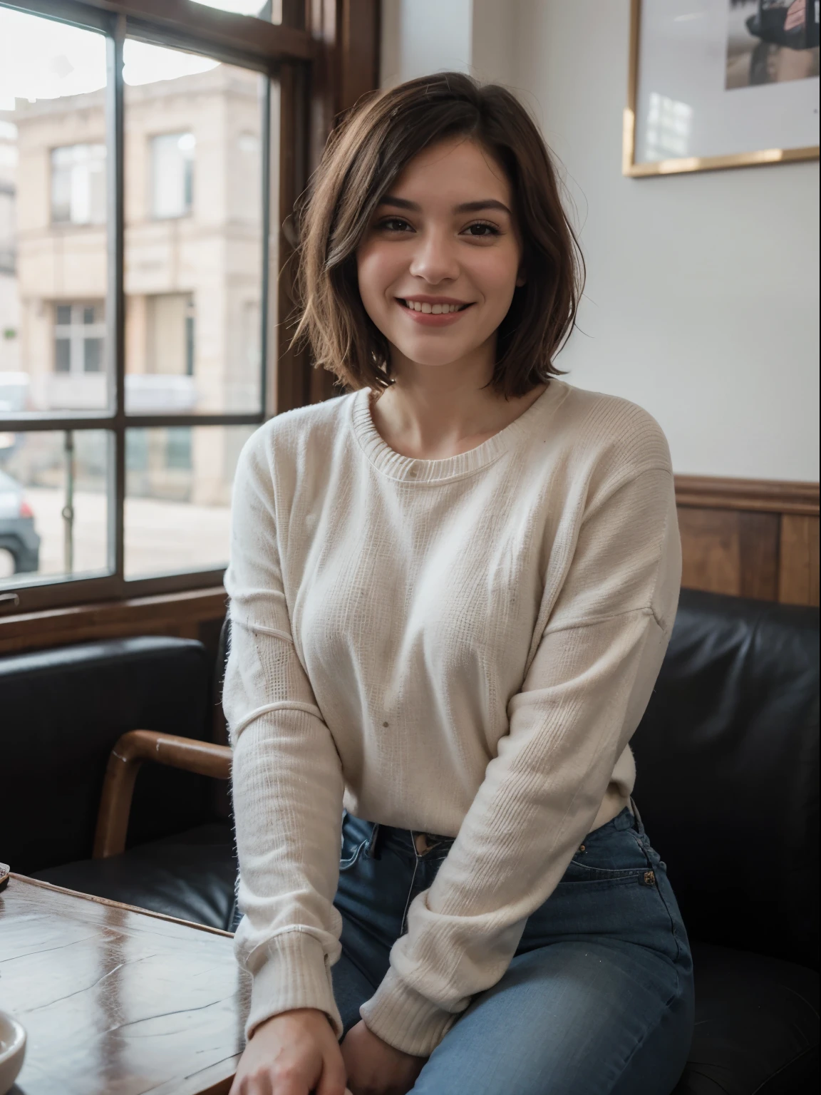 Arafed woman sitting on a couch in a coffee shop - SeaArt AI