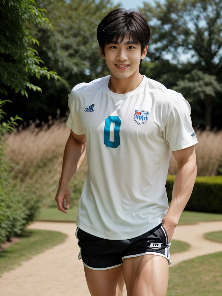 独奏: 1.5, (As a matter of fact, Masterpiece, 8k HD, good light quality, White sportswear, fit the face, complicated details), A handsome, muscular young Korean man. , 20 years old, be happy, smile brightly, detailed face, delicate eyes, มองดูsky,  period, black eyes, Black hair color, ผมsmooth, smooth, outdoor sports, Along the garden, Sunny,sky，Surreal，Awesome details，Highest quality，real，Open your mouth to talk. , Close your eyes., field ,Run towards the camera.