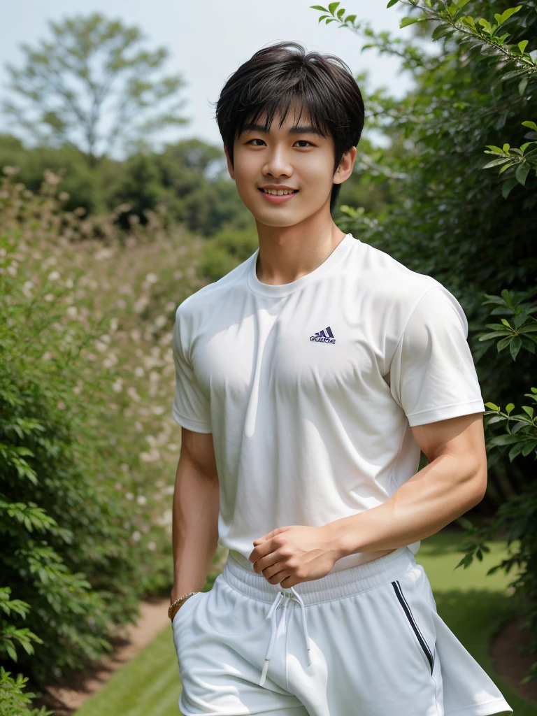 独奏: 1.5, (As a matter of fact, Masterpiece, 8k HD, good light quality, White sportswear, fit the face, complicated details), A handsome, muscular young Korean man. , 20 years old, be happy, smile brightly, detailed face, delicate eyes, มองดูsky,  period, black eyes, Black hair color, ผมsmooth, smooth, outdoor sports, Along the garden, Sunny,sky，Surreal，Awesome details，Highest quality，real，Open your mouth to talk. , Close your eyes., field ,Run towards the camera.