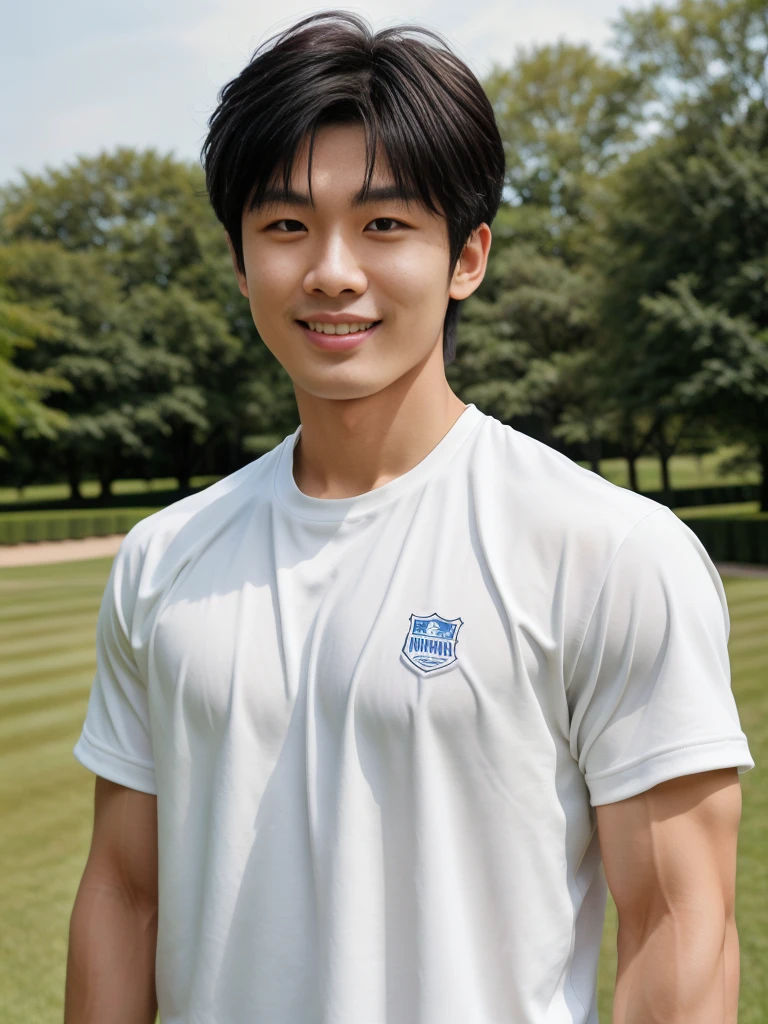 独奏: 1.5, (As a matter of fact, Masterpiece, 8k HD, good light quality, White sportswear, fit the face, complicated details), A handsome, muscular young Korean man. , 20 years old, be happy, smile brightly, detailed face, delicate eyes, มองดูsky, period, black eyes, Black hair color, ผมsmooth, smooth, outdoor sports, Along the garden, Sunny,sky,Surreal,Awesome details,Highest quality,real,Open your mouth to talk. , Close your eyes., field ,Run towards the camera.