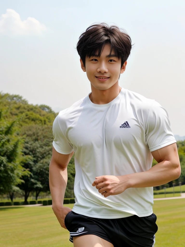 独奏: 1.5, (As a matter of fact, Masterpiece, 8k HD, good light quality, White sportswear, fit the face, complicated details), A handsome, muscular young Korean man. , 20 years old, be happy, smile brightly, detailed face, delicate eyes, มองดูsky, period, black eyes, Black hair color, ผมsmooth, smooth, outdoor sports, Along the garden, Sunny,sky,Surreal,Awesome details,Highest quality,real,Open your mouth to talk. , Close your eyes., field ,Run towards the camera.