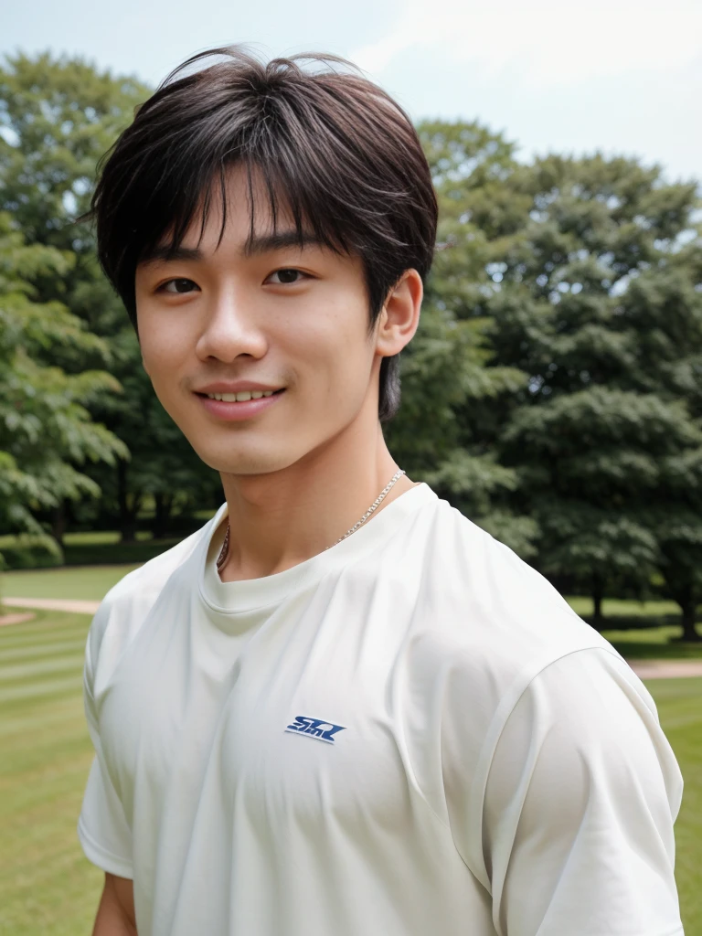 独奏: 1.5, (As a matter of fact, Masterpiece, 8k HD, good light quality, White sportswear, fit the face, complicated details), A handsome, muscular young Korean man. , 20 years old, be happy, smile brightly, detailed face, delicate eyes, มองดูsky, period, black eyes, Black hair color, ผมsmooth, smooth, outdoor sports, Along the garden, Sunny,sky,Surreal,Awesome details,Highest quality,real,Open your mouth to talk. , Close your eyes., field ,Run towards the camera.